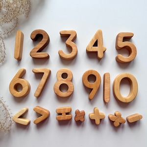 Oiled Rounded Set of 18 Magnetic Wooden Numbers and Math  Symbols, counting, number fridge magnets, homeschool, preschool, number toy