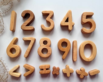 Oiled Rounded Set of 18 Magnetic Wooden Numbers and Math  Symbols, counting, number fridge magnets, homeschool, preschool, number toy