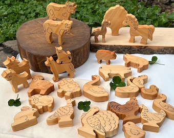 Set of 26 Wooden Farm Animal Toy Handmade Wood Animals Figurine Farmyard kids