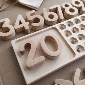 Wooden 20 number tray, tracing math 1-20 board, solid wood twenty frame, montessori counting, preschool activity toddlers, homeschool