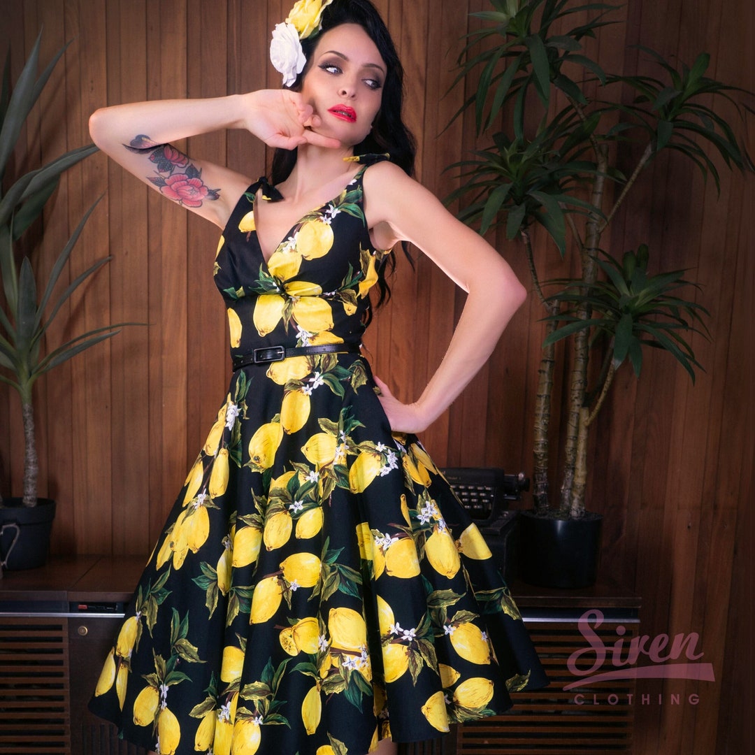 Riviera Swing Dress Lemon Blossom on Black - Main Image