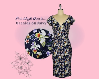 Paris Wiggle Dress - Orchids on Navy