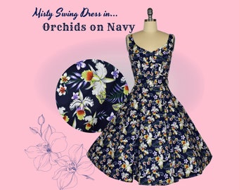 Misty Swing Dress - Orchids on Navy