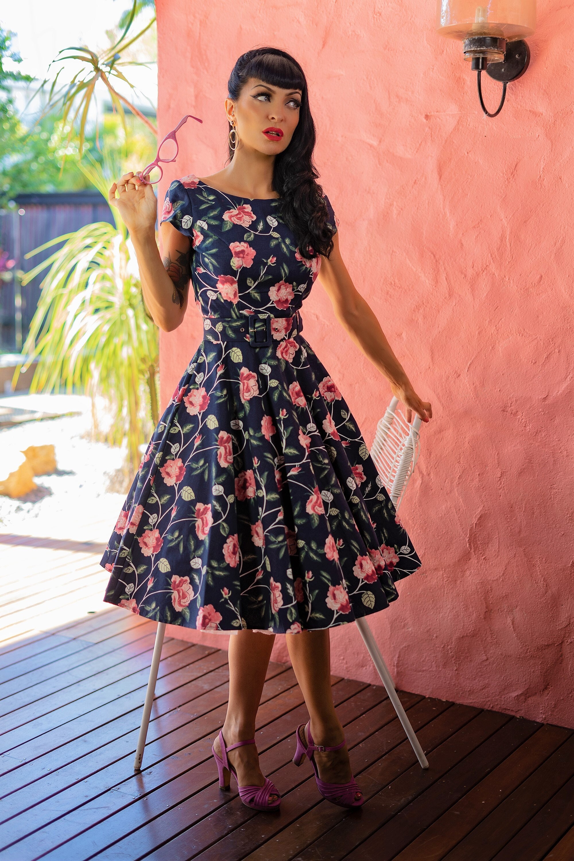 Amelia Swing Dress Pink Roses on Navy -  Canada