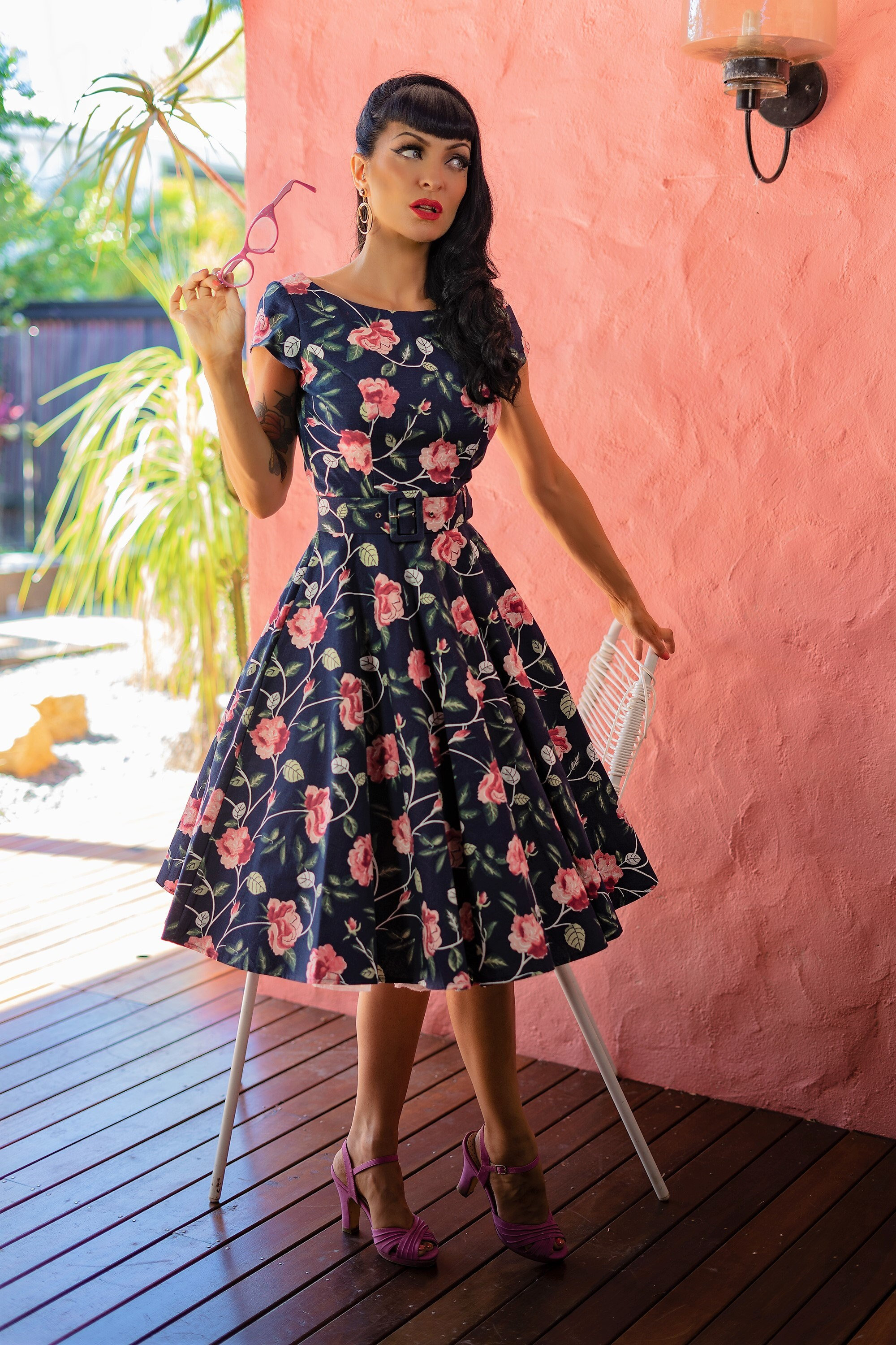 Amelia Swing Dress Pink Roses on Navy 