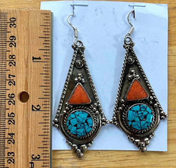 925 Silver Tibetan Nepalese Dangle Earrings Vinta… - image 1