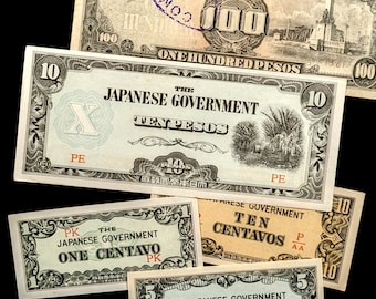Japanese Invasion Banknotes from WWII, The Philippines, 1942 to 1944, Set of SIX, Rare Authentic Historical Currency - History Hoard