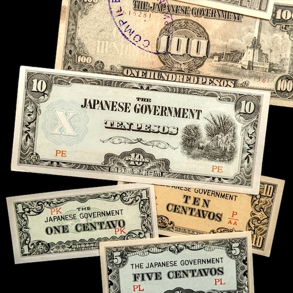 Billets d'invasion japonais de la Seconde Guerre mondiale, Philippines, 1942 à 1944, ensemble de SIX, monnaie historique authentique rare - Trésor d'histoire