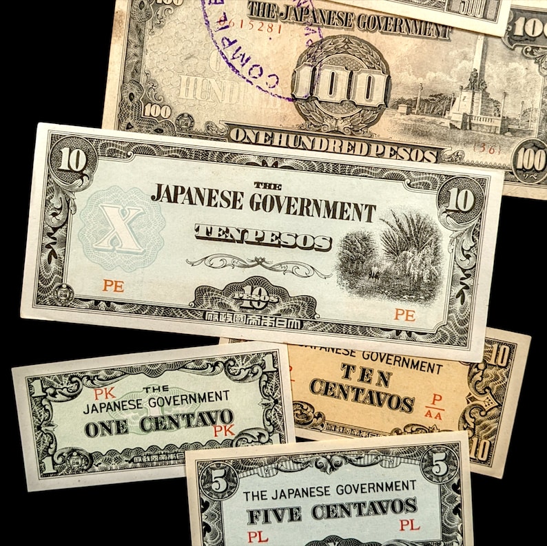 May include: A collection of vintage Japanese government banknotes, including denominations of 100 pesos, 10 pesos, 10 centavos, 1 centavo, and 5 centavos. The banknotes feature various designs, including a building, a palm tree, and a floral pattern.