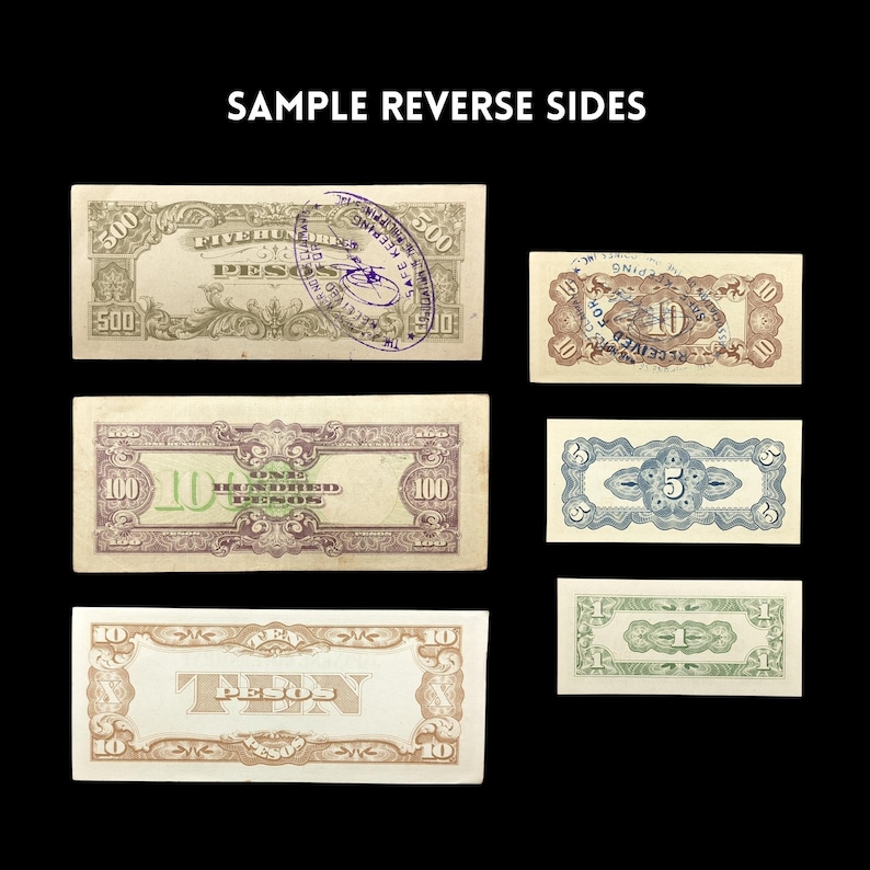 May include: Six different reverse sides of paper money from the Philippines. The denominations are 500, 100, 10, 5, and 1 peso. The bills are all in various shades of green, brown, and blue.