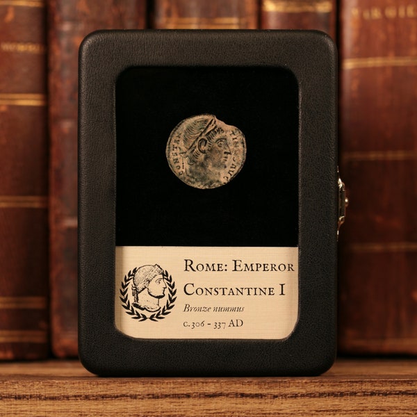 Echte Romeinse munt, Constantijn of zijn zonen, laat rijk (ca. 340 n.Chr.), Glazen display, u kiest de keizer - Geschiedenisschat