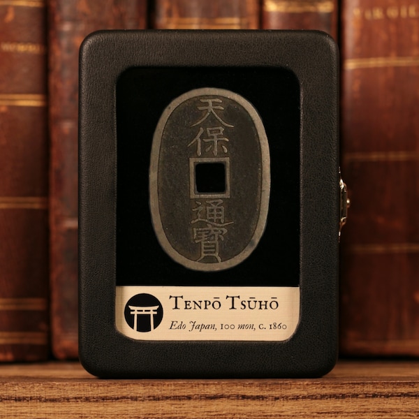 Véritable pièce de monnaie d'Edo, Japon, Tenpo Tsuho (années 1800), présentoir en verre - Trésor d'histoire