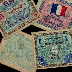 WWII Allied Military Currency Set - Genuine Vintage Banknotes (1940s) Europe & Japan - History Hoard