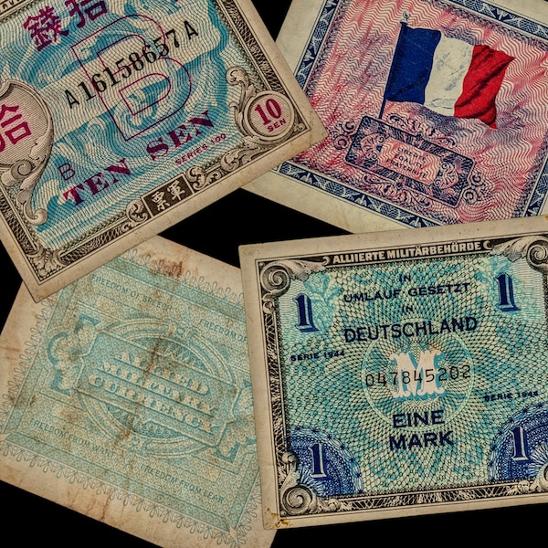 WWII Allied Military Currency Set - Genuine Vintage Banknotes (1940s) Europe & Japan - History Hoard
