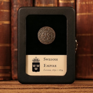 Auténtica moneda del Imperio sueco, Livonia, 1632, vitrina de cristal - Tesoro histórico