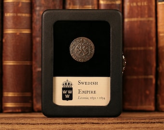 Genuine Swedish Empire Coin, Livonia, 1632, Glass Display - History Hoard