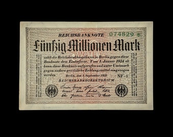 German Inflation Bill, Authentic Antique Collectible, 50,000,000 Marks, 1923, Weimar Republic - History Hoard