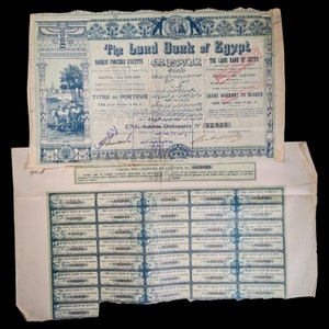 Land Bank of Egypt Antique Stock Certificate, 1905 - Alexandria, Egypt - Vintage Financial Memorabilia - Historical Document - History Hoard