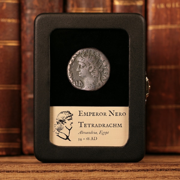 Tetradrachma cesarza Nerona, Egipt rzymski – Oryginalna moneta starożytna w pudełku wystawowym – 54–68 r. n.e. – Cesarstwo Rzymskie – Skarb historyczny