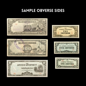 May include: A collection of six vintage Philippine banknotes featuring the text "The Japanese Government" and various denominations, including 500 pesos, 100 pesos, 10 pesos, 10 centavos, 5 centavos, and 1 centavo.