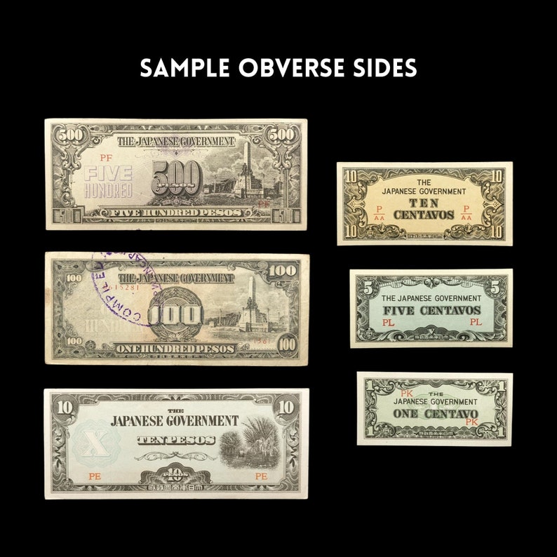 May include: A collection of six vintage Philippine banknotes featuring the text "The Japanese Government" and various denominations, including 500 pesos, 100 pesos, 10 pesos, 10 centavos, 5 centavos, and 1 centavo.
