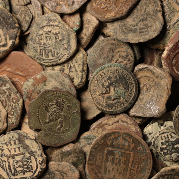 スペイン「海賊」コブコイン - 本物のアンティーク銅貨 - 1556年頃