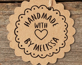 May include: A brown, round, scalloped-edge stamp with the text "Handmade with" and a heart symbol, followed by "by Melissa".