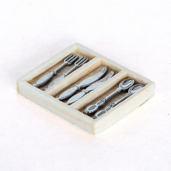 6 Piece Miniature silverware in wooden box Dollhouse accessories