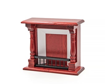 May include: A miniature wooden fireplace mantel with a black metal grate. The mantel is painted a dark red color and has white trim around the opening.