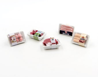 5 Dollhouse Miniature Meat Packs: Handmade Shop Food Props