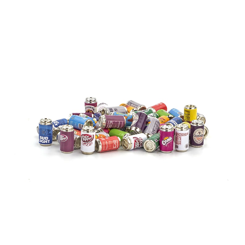 May include: A collection of miniature aluminum cans, featuring various popular brands like Bud Light, Dr Pepper, Crush, and Guinness. The cans are arranged in a pile, showcasing a variety of colors and designs.