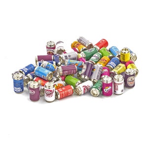 May include: A collection of miniature aluminum cans featuring various popular beverage brands, including Bud Light, Dr Pepper, Crush, and Guinness. The cans are arranged in a pile on a white background.
