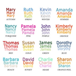 Op de afbeelding: Een kleurrijk schema met 12 vakken, elk met een andere naam die drie keer wordt herhaald. De namen zijn Mary, Ruth, Kevin, Amanda, Nancy, Pamela, John, Kimberly, Thomas, Susan, James, Dorothy, Barbara, David, Charlie en Sharon. Elk vak heeft een andere kleur en een naam voor de kleur eronder. De kleuren zijn herfst, lente, winter, zomer, turquoise, roze, paars, oranje, rood, goud, groen, blauw, strand, zonsondergang, Miami en sinaasappelschil.