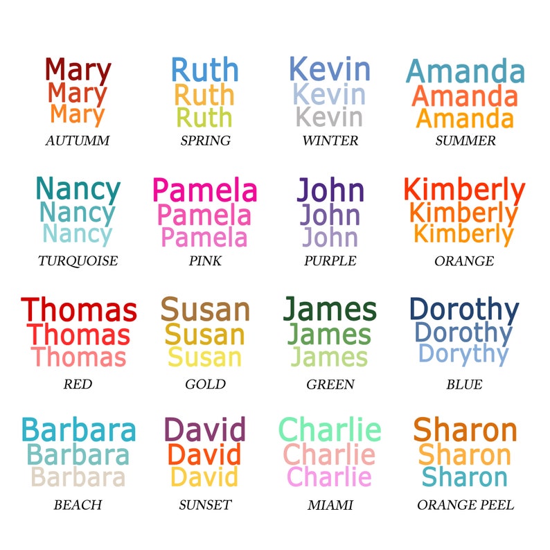 Op de afbeelding: Een kleurrijk schema met 12 vakken, elk met een andere naam die drie keer wordt herhaald. De namen zijn Mary, Ruth, Kevin, Amanda, Nancy, Pamela, John, Kimberly, Thomas, Susan, James, Dorothy, Barbara, David, Charlie en Sharon. Elk vak heeft een andere kleur en een naam voor de kleur eronder. De kleuren zijn herfst, lente, winter, zomer, turquoise, roze, paars, oranje, rood, goud, groen, blauw, strand, zonsondergang, Miami en sinaasappelschil.