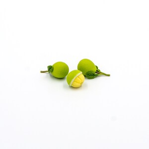 May include: Three green and yellow fruit with leaves on a white background. The fruit is split open to reveal the yellow inside.