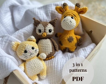 Set 3 in 1 patterns Owl, cat and giraffe , crochet pattern PDF crochet animals pattern