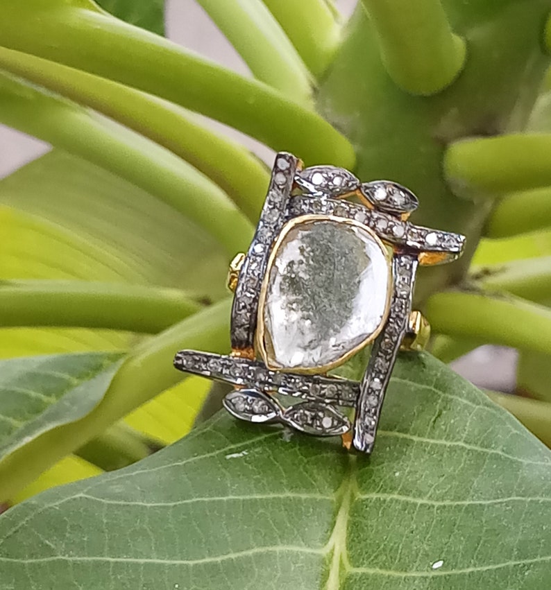 Natural Polki Ring Handmade Ring Diamond 925 Sterling Silver Ring Victorian Design Ring Wide Diamond Ring Polki Diamond Ring Women Jewelry