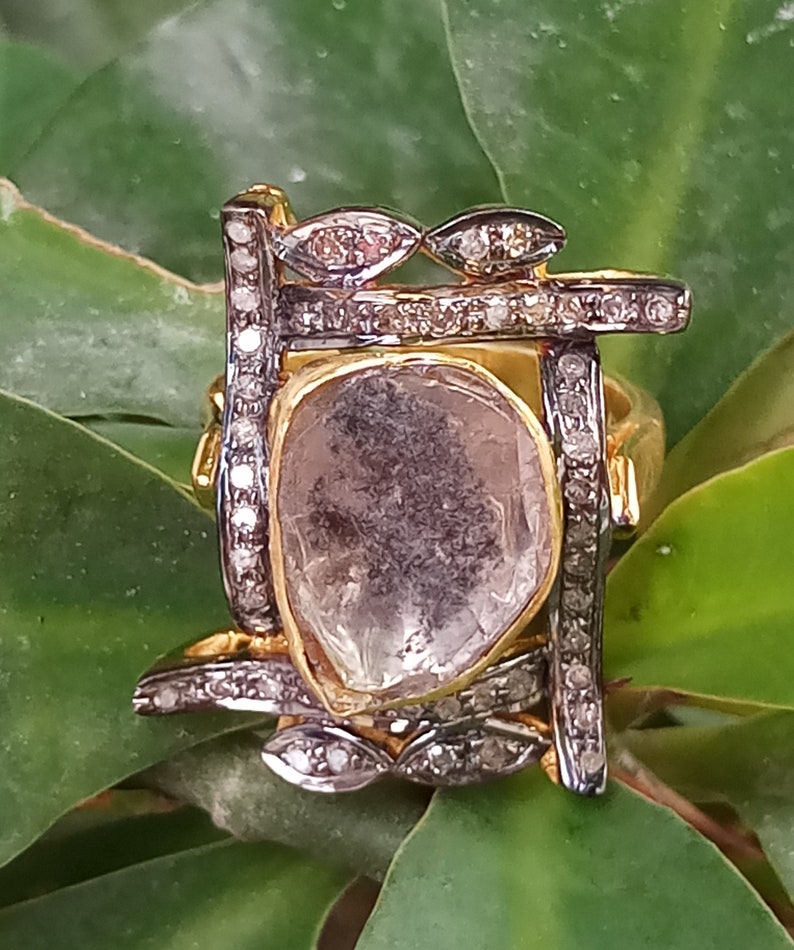 Natural Polki Ring Handmade Ring Diamond 925 Sterling Silver Ring Victorian Design Ring Wide Diamond Ring Polki Diamond Ring Women Jewelry