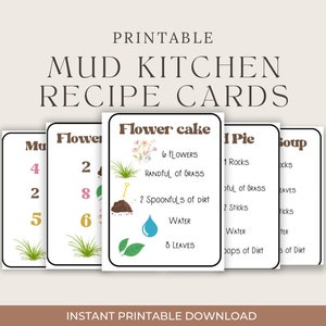 Cartões de receitas de cozinha de lama para impressão | Recursos de aprendizagem educacional | Materiais Montessori | Atividades de verão| Cartões de receitas de jogos sensoriais |