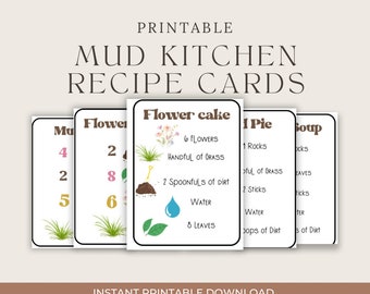 Afdrukbare Mud Kitchen-receptkaarten| Educatieve leermiddelen| Montessorimaterialen| Zomeractiviteiten| Receptkaarten voor zintuiglijk spelen|