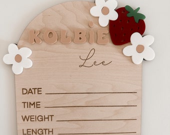 Handmade Newborn Birth Announcement Sign - Strawberry, Daisy Design, Unique Baby Photo Prop