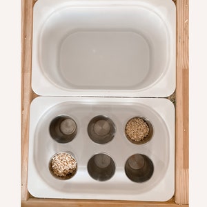 flisat tabel insert, sorting cups, sensory table play, small insert, IKEA, sensory bin insert, trofast bin lid, homeschool activities
