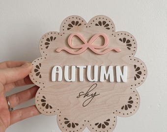 Bow Scalloped Personalized Baby Name Sign for Birth Photos and Nursery Decor