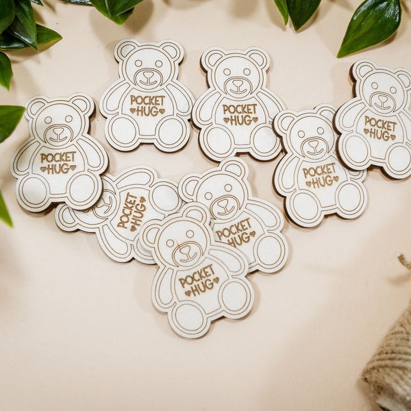 10 - 100 pocket hugs tokens, little bear hug token, pocket hug wooden teddy, sweet cute engraved love thank you gift, wood talisman, mascot