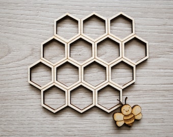 Honeycomb Wood Cutout, Wooden Honey Bee Theme Decor Various Sizes Honeycomb Wood Accents Hexagon Shape Open Combs Geometric Wood Shape