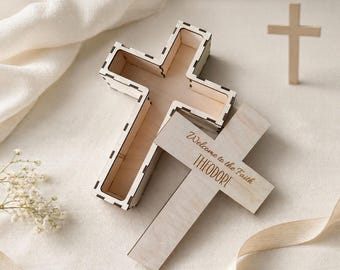 Personalized Baptism Cross Box: Engraved Wooden Keepsake for Christening, First Communion, Confirmation