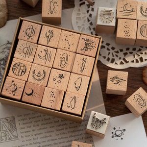 16 PCS of Set Wooden Stamp, the moon and sixpence series seal for DIY Craft Card Scrapbooking Supplies.