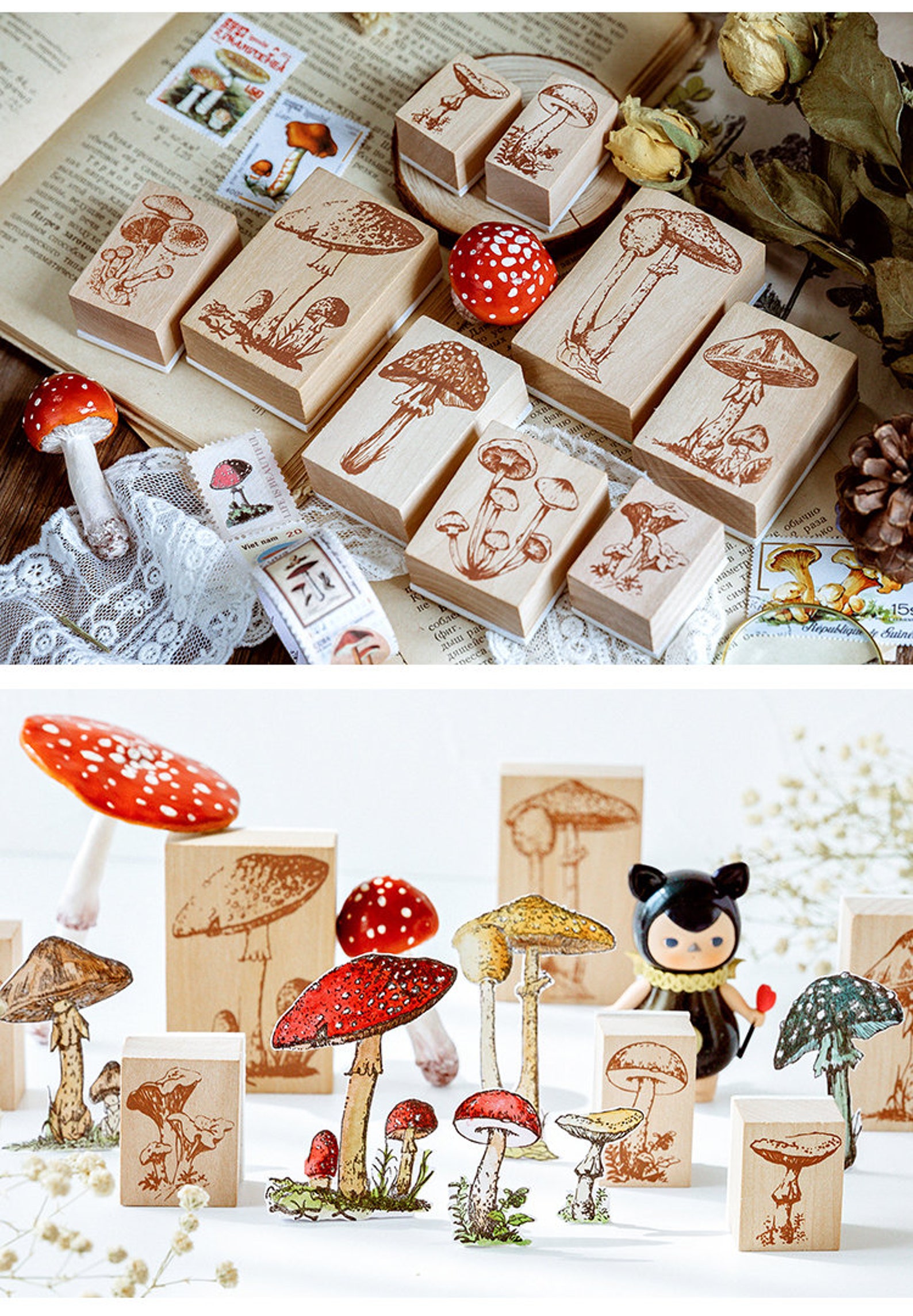 Wooden Mushroom Rubber Stamps Plants Patterns Stamps Etsy