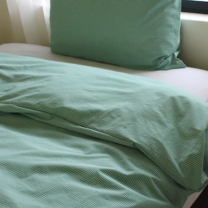 Ensemble housse de couette vichy vert 100 % coton : literie réversible