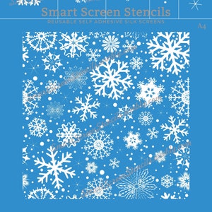 May include: A blue background featuring a pattern of white snowflakes in different sizes and designs. The image includes the text "Smart Screen Stencils" and "Reusable Self Adhesive Silk Screens".